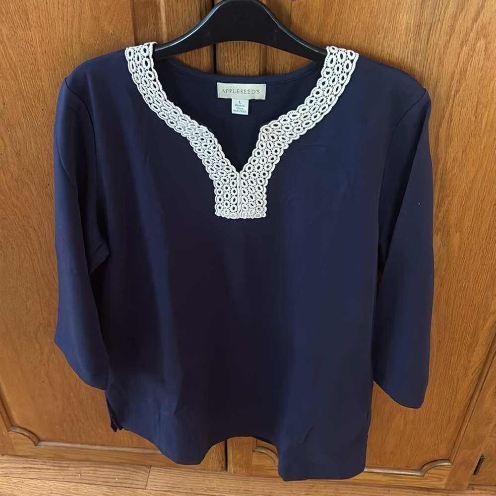 Appleseed's Dark Blue Blouse with Ivory embroidered Detailing